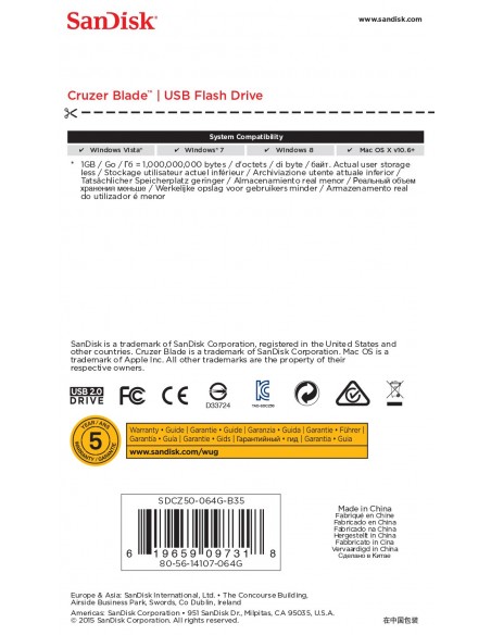 SanDisk Cruzer Blade unidad flash USB 64 GB USB tipo A 2.0 Negro, Rojo