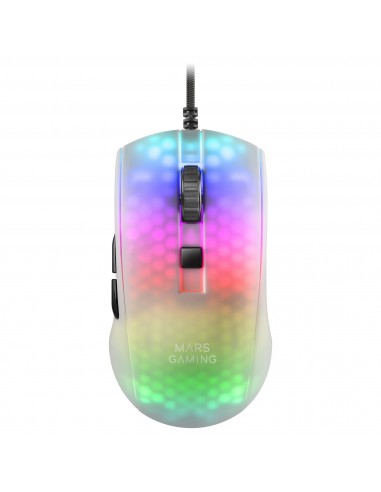 Mars Gaming MMRW Blanco, Ratón Gaming RGB Chroma Estructura Translúcida Ultra-ligera 58g 12800 DPI Switches Mecánicos HUANO