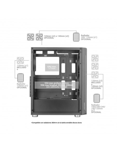 Mars Gaming MC-F Negro, Semitorre Gaming ATX, Ventana Completa Cristal Templado, Frontal Metal-Mesh, 4x Ventiladores ARGB 120mm