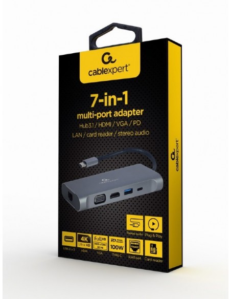 Gembird A-CM-COMBO7-01 base para portátil y replicador de puertos USB 3.2 Gen 1 (3.1 Gen 1) Type-A Gris