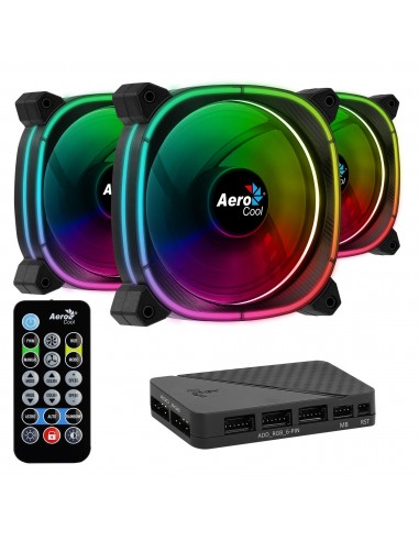 Aerocool ASTRO12PRO Kit 3 Ventiladores PC 12cm LED RGB Antivibración Control Remoto