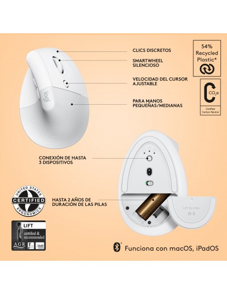 Logitech Lift for Mac ratón mano derecha RF Wireless + Bluetooth Óptico 4000 DPI