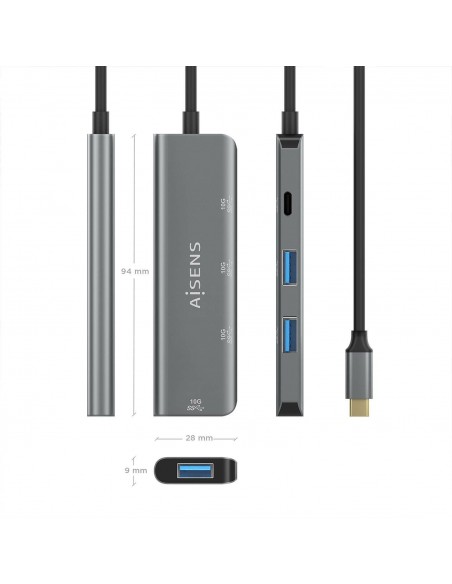 AISENS Hub USB 3.2 Gen2 10G USB-C, USB-C M-1xUSB-C H-3xUSB-A H, Gris, 15 cm