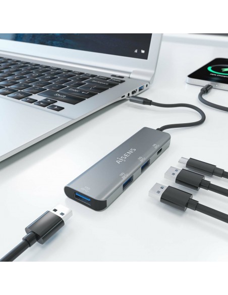 AISENS Hub USB 3.2 Gen2 10G USB-C, USB-C M-1xUSB-C H-3xUSB-A H, Gris, 15 cm