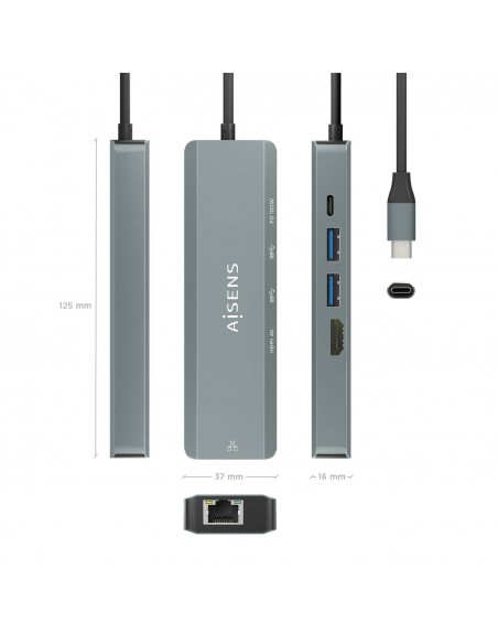 AISENS USB-C Dock 5 en 1, USB-C a 1xHDMI, 1xRJ45, 2xUSB, 1xPD, Gris, 15 cm