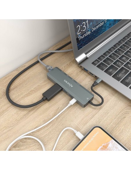 AISENS USB-C Dock 5 en 1, USB-C a 1xHDMI, 1xRJ45, 2xUSB, 1xPD, Gris, 15 cm