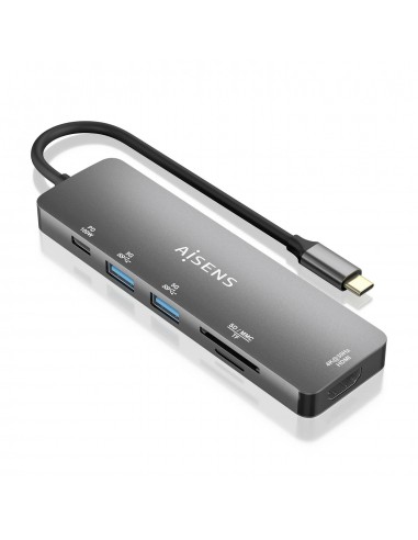 AISENS USB-C Dock 6 EN 1, USB-C a 1xHDMI, 2xUSB-A, 1xUSB-C PD 100W, 1xSD, 1xMicro SD, Gris, 15cm