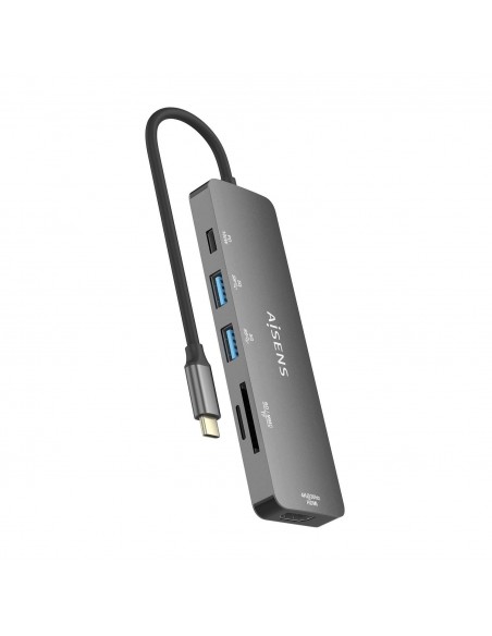 AISENS USB-C Dock 6 EN 1, USB-C a 1xHDMI, 2xUSB-A, 1xUSB-C PD 100W, 1xSD, 1xMicro SD, Gris, 15cm