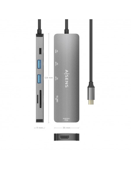 AISENS USB-C Dock 6 EN 1, USB-C a 1xHDMI, 2xUSB-A, 1xUSB-C PD 100W, 1xSD, 1xMicro SD, Gris, 15cm