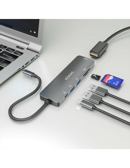 AISENS USB-C Dock 6 EN 1, USB-C a 1xHDMI, 2xUSB-A, 1xUSB-C PD 100W, 1xSD, 1xMicro SD, Gris, 15cm