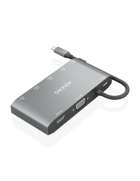 AISENS USB-C Dock 8 en 1, USB-C a 1xHDMI, 1xVGA, 1xRJ45, 2xUSB-A, 2xUSB-C 5G, 1xUSB-C PD, Gris, 20 cm