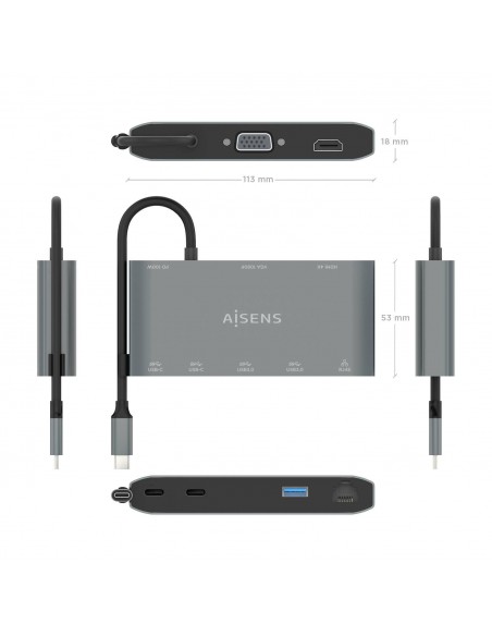 AISENS USB-C Dock 8 en 1, USB-C a 1xHDMI, 1xVGA, 1xRJ45, 2xUSB-A, 2xUSB-C 5G, 1xUSB-C PD, Gris, 20 cm