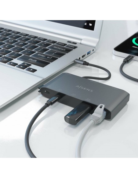 AISENS USB-C Dock 8 en 1, USB-C a 1xHDMI, 1xVGA, 1xRJ45, 2xUSB-A, 2xUSB-C 5G, 1xUSB-C PD, Gris, 20 cm