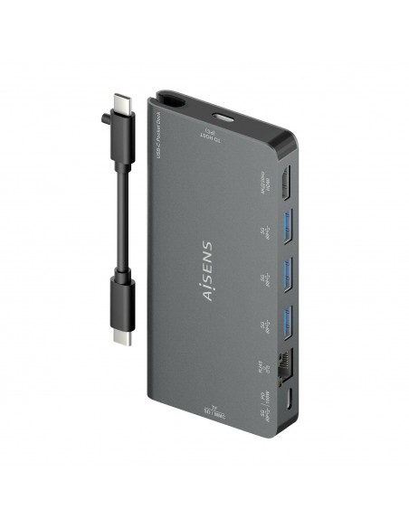 AISENS USB-C Dock 8 en 1, USB-C a 1xHDMI, 1xRJ45, 3xUSB-A, 1xUSB-C Datos+PD, 1xSD, 1xMicro SD, Gris, 10 cm