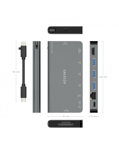 AISENS USB-C Dock 8 en 1, USB-C a 1xHDMI, 1xRJ45, 3xUSB-A, 1xUSB-C Datos+PD, 1xSD, 1xMicro SD, Gris, 10 cm