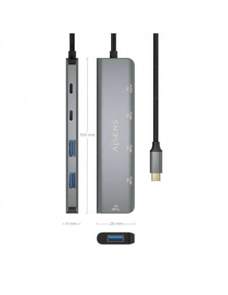 AISENS Hub USB 3.2 Gen1 5G USB-C, USB-C M-1xUSB-C PD100W H-1xUSB-C H-3xUSB-A H, Gris, 15cm