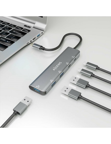 AISENS Hub USB 3.2 Gen1 5G USB-C, USB-C M-1xUSB-C PD100W H-1xUSB-C H-3xUSB-A H, Gris, 15cm