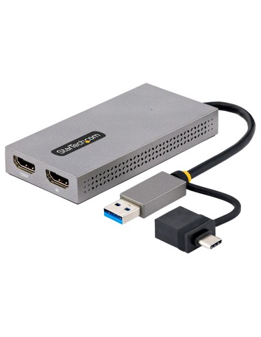 StarTech.com Adaptador de USB a HDMI Doble, USB A C a 2 Pantallas HDMI (1x 4K30Hz, 1x 1080p), Dongle Integrado USB-A a C, Cable