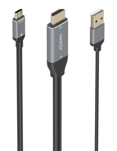 AISENS Cable Conversor Aluminio HDMI V2.0 A USB-C 4K@60HZ, HDMI M+USB-A M-USB-C M, Negro, 1.8m