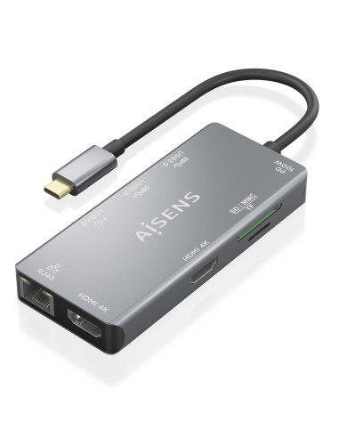 AISENS USB-C Dock 9 En 1, USB-C a 2xHDMI, 1xRJ45, 2xUSB-A USB3.0, 1xUSB-A USB2.0, 1xUSB-C PD, 1xSD, 1xMicro SD, Gris, 15cm