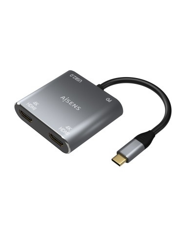 AISENS Conversor USB-C a 2XHDMI 4K SST MST USB2.0 USB-C PD 60W, USB-C M-2XHDMI H-USB-A H-USB-C H, Gris, 15CM