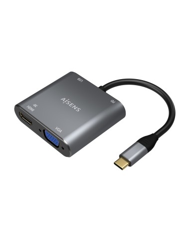 AISENS Conversor USB-C a VGA HDMI 4K USB3.0 USB-C PD, USB-C M-VGA H-HDMI H-USB-A H-USB-C H, Gris, 15CM